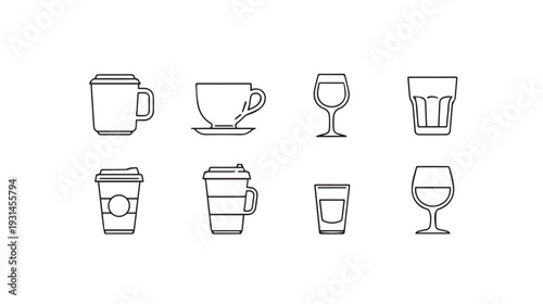 Collection of Drinkware Icons: Coffee Cups Wine Glasses Tumblers Line Art Illustrations