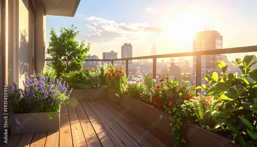 Obraz premium Urban Balcony Oasis with Blooming Flowers and City Views at Sunset - Sustainable City Living.