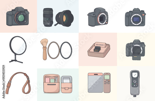 Vector Illustration Of A close up of a bunch of different types of cameras isolated on white background