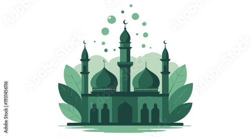 Green mosque with leaves and bubbles, Ramadan and Eid Islamic celebration symbol