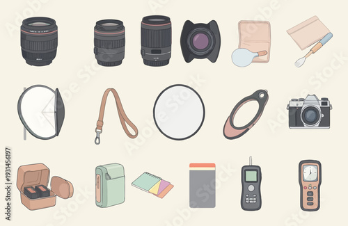 Vector Illustration Of A close up of a camera, a cell phone, a camera lens, a mirror, a camera case, a camera strap, a camera and a mirror isolated on white background
