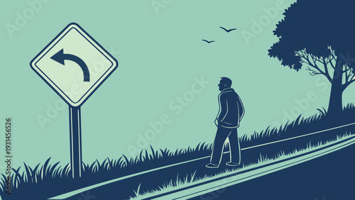 Man walking on railroad tracks with a left turn sign symbolizing lifes choices and decisions.