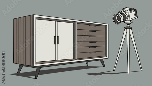 Midcentury modern sideboard with camera on tripod minimalist illustration.
