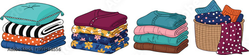 Folded Clothes Stack and Laundry Basket with Colorful Shirts Towels and Fabrics Home Organization Vector Illustration Set