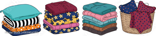 Folded Clothes Stack and Laundry Basket with Colorful Shirts Towels and Fabrics Home Organization Vector Illustration Set