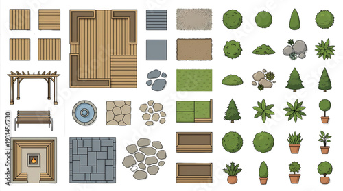 Overhead Landscape Design Asset Vector Set Top View Garden Plan with Decking Pergola Pathway Fountain Elements