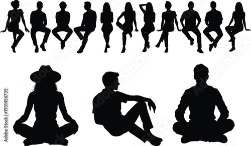 Flat vector illustration of people silhouettes in seated poses, diverse sitting postures, ergonomic design concept, human body language, creative art