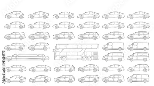 CAD Vehicle Drawing Vector Set Car Bus Minibus Side View Outline Silhouette Collection