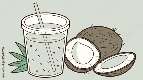 Refreshing Coconut Water Drink with Whole and Halved Coconuts.