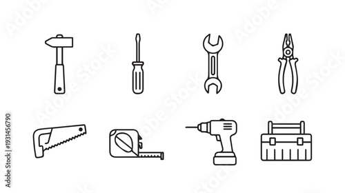 Collection of Hand Tools and Power Drill Icons on White Background Vector Illustration