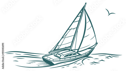 Sailboat on the water with a bird flying overhead.