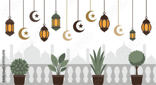 Hanging ramadan lanterns and crescent moons above terrace with green potted plants