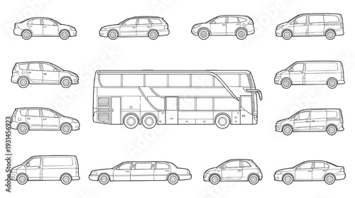 Vehicle Fleet CAD Drawing Vector Set Car Bus Transport Side View Blueprint Collection