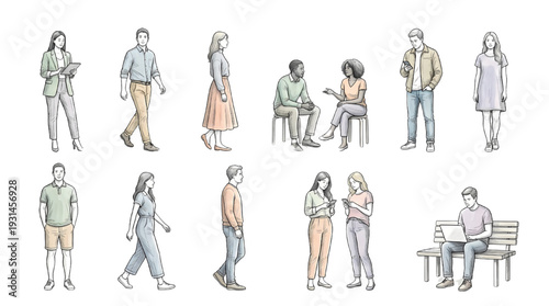 CAD Casual People Outline Vector Set Standing Urban Character Transparent Background