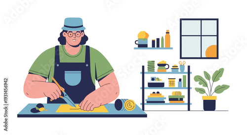 Focused Individual Engaged in Home Crafting or Gardening Hobby. Flat Vector Illustration.