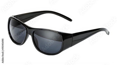 Modern black plastic wraparound style sports sunglasses with dark polarized lenses isolated on transparent background