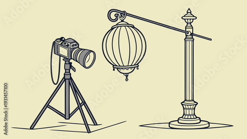 Vintage Camera and Ornate Lantern on a Stand.