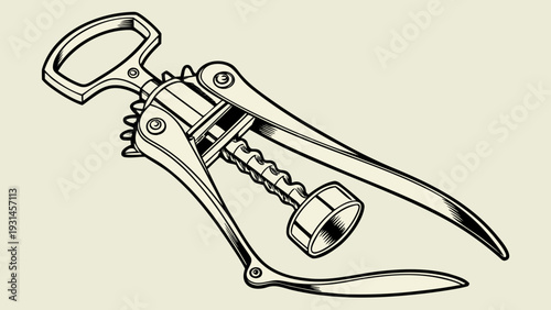 Vintage Corkscrew Drawing for Wine Opening.