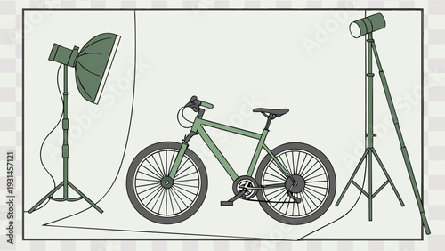 Bicycle in a professional studio setting with lighting equipment.