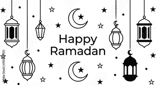 Happy ramadan greeting card with black and white line art lanterns moon and stars