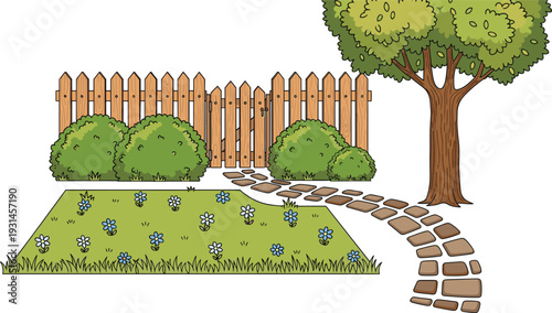A stone pathway leads to a wooden picket fence with green bushes and a large tree in a garden setting