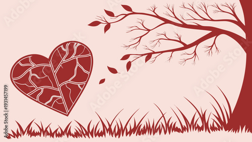 Broken Heart Under Bare Tree with Falling Leaves.