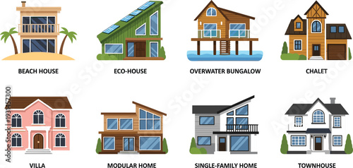 Modern House Types Collection Vector Illustration with Beach House Eco Home Villa Chalet Townhouse and Modular Architecture Set