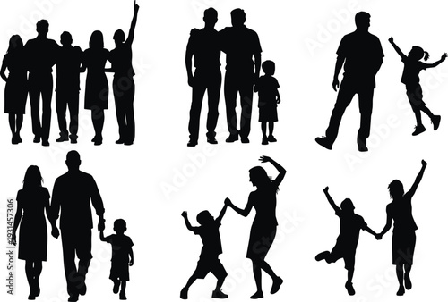 Flat vector silhouettes of family groups walking, playing, dancing, holding hands, skipping, joyful togetherness, parent child interaction illustration design