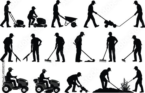 Flat vector silhouettes of people mowing lawn, raking leaves, trimming bushes, gardening, landscaping, wheelbarrow work, outdoor yard maintenance illustration design