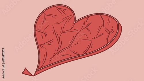 Deflated red heart balloon on a light pink background.