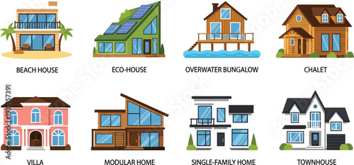 Modern House Types Collection Vector Illustration with Beach House Eco Home Villa Chalet Townhouse and Modular Architecture Set