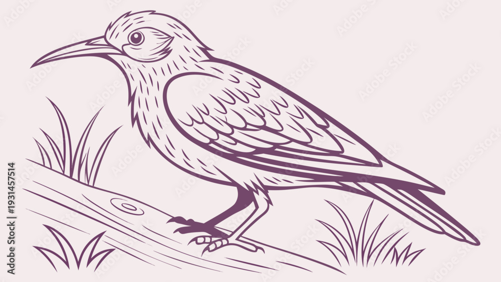 Fototapeta premium Detailed Line Art Illustration of a Bird Perched on a Branch.