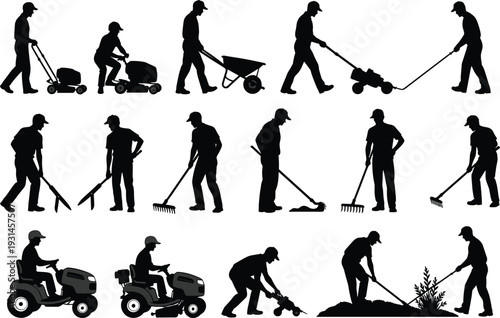 Set of gardener silhouettes featuring men mowing lawn, raking leaves, using wheelbarrows, and landscaping isolated on white background flat vector (20 words)