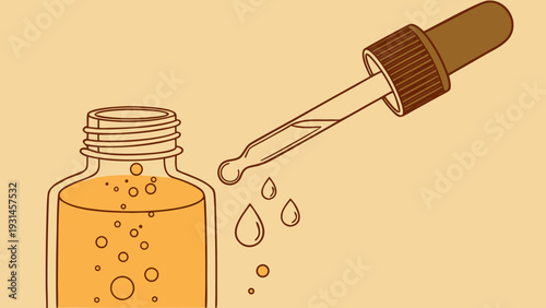 Dropper bottle with liquid and falling drops.