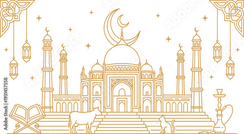 Minimalist ramadan kareem line art background with mosque, quran, and lanterns