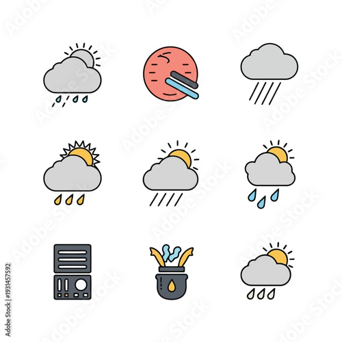 Weather Icons Set Displaying Various Conditions and Symbols in a Grid Layout