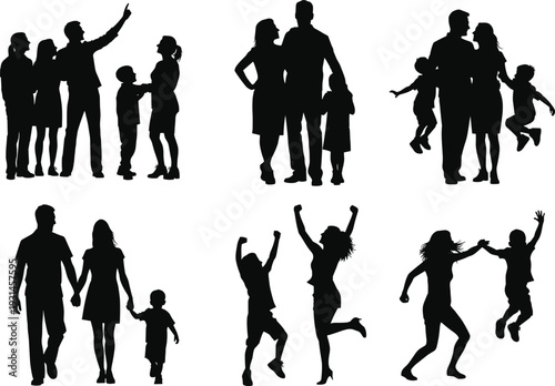 Set of happy family silhouettes featuring parents and children playing, walking together, and jumping, isolated on white background flat vector (20 words)