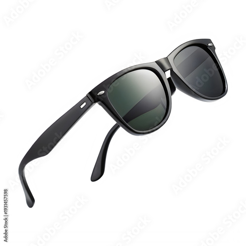 Classic black plastic framed wayfarer style sunglasses with dark tinted lenses isolated on transparent background