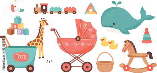 Cute Baby Toys Collection Vector Illustration with Stroller Whale Rocking Horse Blocks Train and Nursery Play Elements