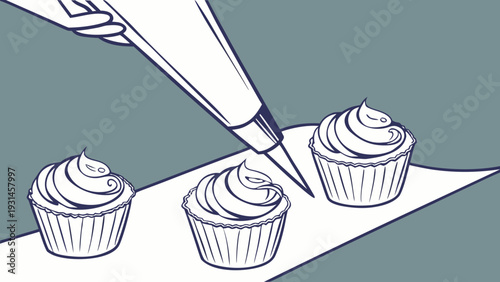 Hand piping frosting onto three cupcakes in a row.