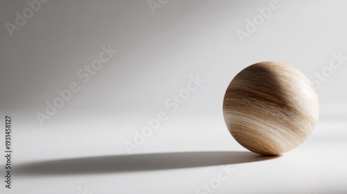Minimalist shot of a wooden earth globe on a white desk, soft shadows, isolated with plenty of space