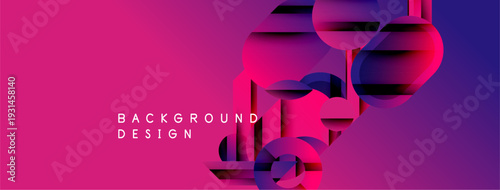 Abstract geometric shapes overlap, creating dynamic pinkpurple gradient background. Modern design elements suggest depth, texture.