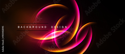 Abstract neon lines create dynamic swirls, gradients. Dark background emphasizes bright, flowing shapes. Modern design element.