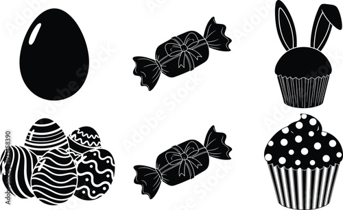 Black and white of an egg, lollipops, and cupcakes with bunny ears