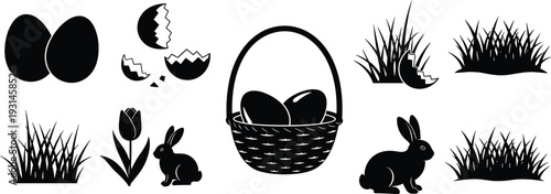 Black and white of easter eggs, basket, rabbits, and tulips in a grassy setting