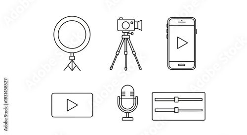 Video production equipment icons set featuring ring light camera on tripod smartphone recording interface microphone and sound editing sliders for vlogging content creation streaming broadcast