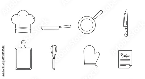Kitchen tools and cooking icons set featuring chef hat frying pan skillet kitchen knife wooden cutting board whisk wire mixer oven mitt glove and paper recipe sheet for culinary food preparation