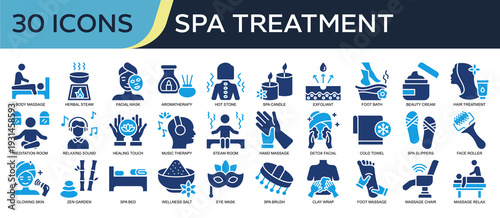 Collection of Spa Treatment icons, related to Body Massage, Herbal Steam, Facial Mask, Aromatherapy, Hot Stone and more. Solid icons vector illustation.