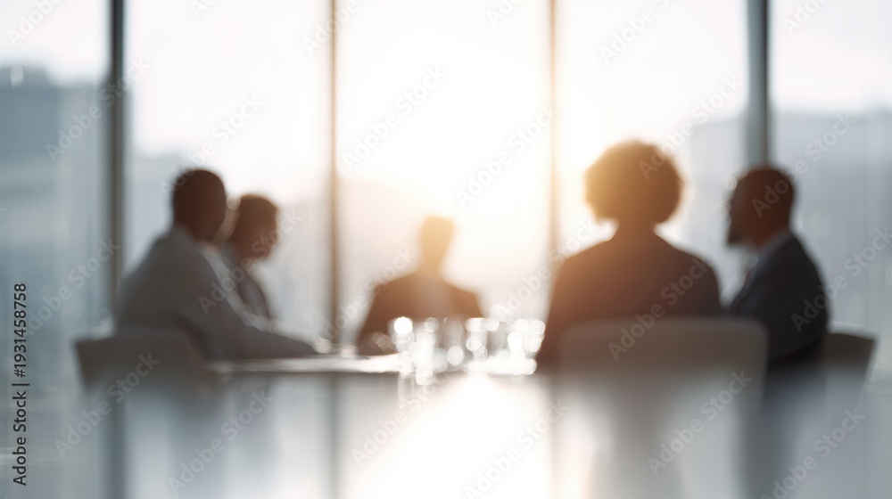 Fototapeta premium Realistic photo of a diverse business team having a productive meeting in a sunlit glass boardroom, modern office interior, teamwork and collaboration