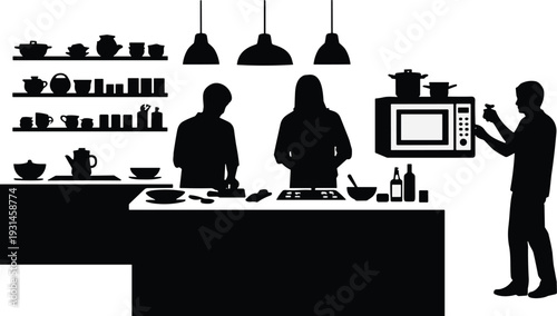Modern kitchen silhouette, people cooking, food preparation, kitchen island, stovetop, chopping ingredients, communal cooking, domestic scene, home interior, black outline design